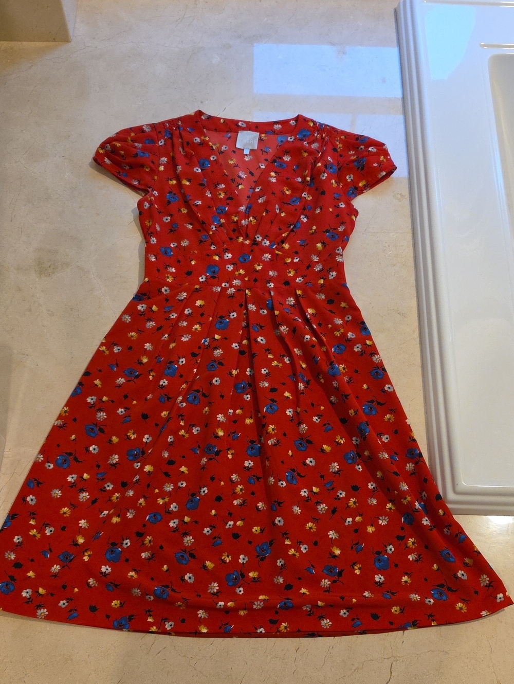 Karen Walker Red Floral V-Neck Dress with Blue and Yellow Accents
